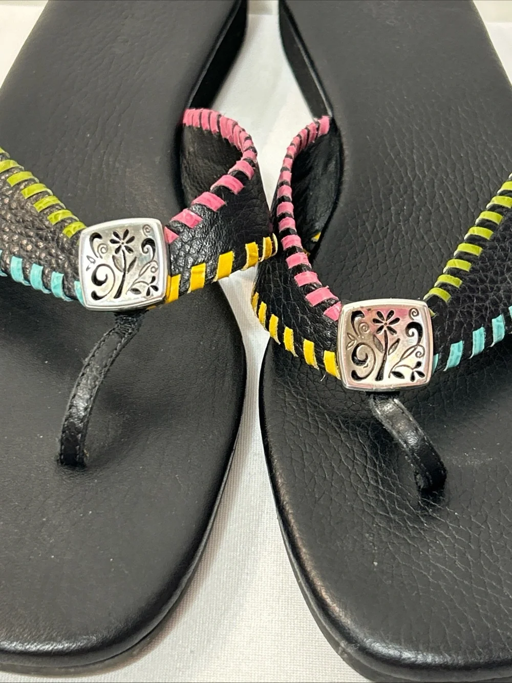 Brighton Black Flip Flop Sandals with Multicolor Stitching